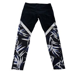 Fabletics Leggings Womens Large Black Blue White Leaf Print Activewear Pants‎